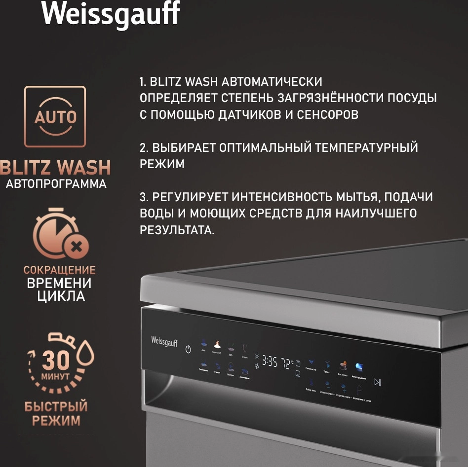 Посудомоечная машина Weissgauff DW 4539 Inverter Touch AutoOpen Inox